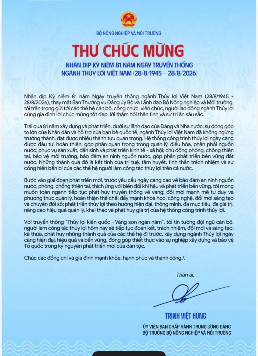 Thư chúc mừng kỷ niệm 81 năm ngày truyền thống ngành thủy lợi Việt nam